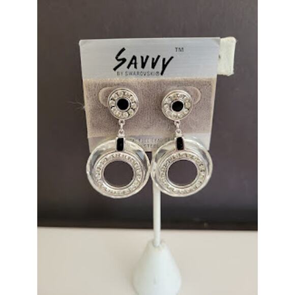 VTG Savvy by Swarovski Earrings Black Enamel and Lead Crystals Signed‎ S.A.L. - Picture 1 of 7